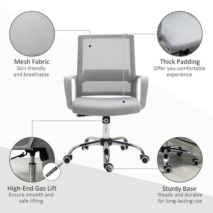 Ergonomic Mesh Office Desk Chair with Adjustable Height, Armrests & 360° Swivel Wheels - Grey