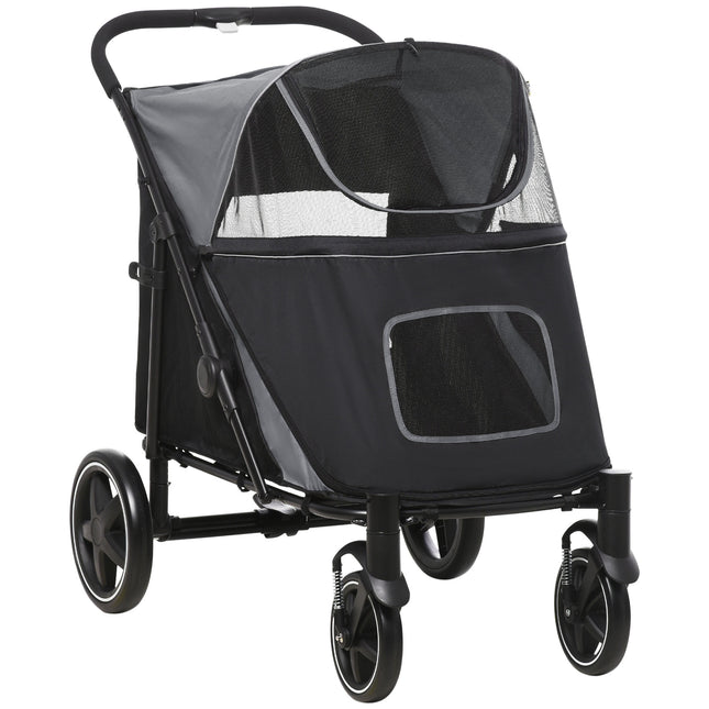 One-Click Foldable Pet Stroller for Medium and Large Dogs with Universal Wheels and Shock Absorber - Grey