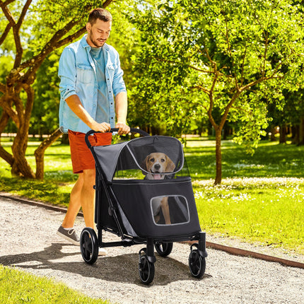 One-Click Foldable Pet Stroller for Medium and Large Dogs with Universal Wheels and Shock Absorber - Grey