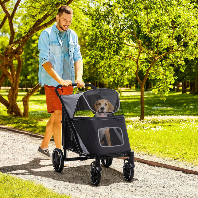 One-Click Foldable Pet Stroller for Medium and Large Dogs with Universal Wheels and Shock Absorber - Grey