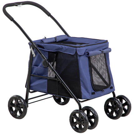 Foldable One-Click Dog Pushchair with EVA Wheels, Storage & Safety Leash for Small Pets - Dark Blue