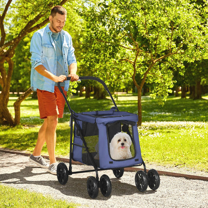 Foldable One-Click Dog Pushchair with EVA Wheels, Storage & Safety Leash for Small Pets - Dark Blue