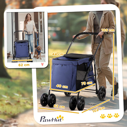 Foldable One-Click Dog Pushchair with EVA Wheels, Storage & Safety Leash for Small Pets - Dark Blue