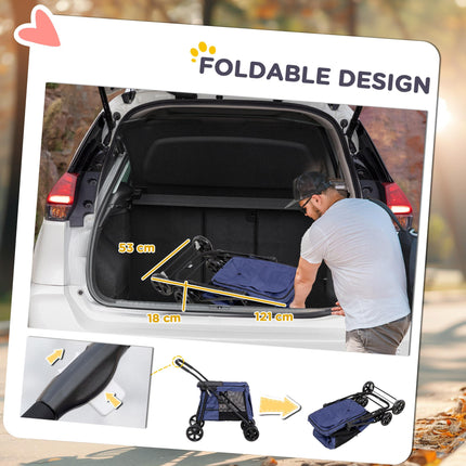 Foldable One-Click Dog Pushchair with EVA Wheels, Storage & Safety Leash for Small Pets - Dark Blue