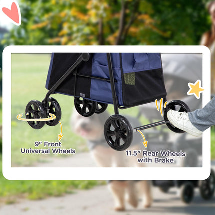 Foldable One-Click Dog Pushchair with EVA Wheels, Storage & Safety Leash for Small Pets - Dark Blue