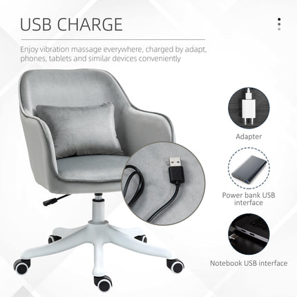 Massage Office Chair with Rechargeable Electric Vibration Lumbar Pillow, Velvet-Feel Upholstery, Wheels - Grey