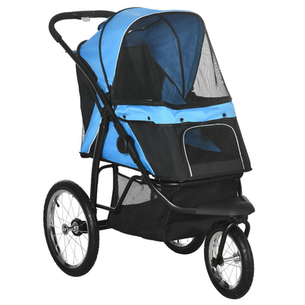 Foldable Pet Stroller Dog Pram with Adjustable Canopy & Wheels for Small to Medium Pets - Blue