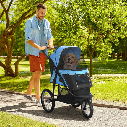 Foldable Pet Stroller Dog Pram with Adjustable Canopy & Wheels for Small to Medium Pets - Blue