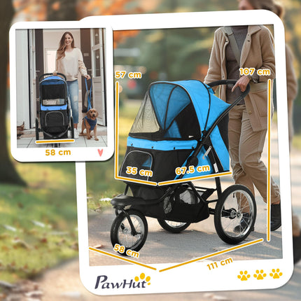 Foldable Pet Stroller Dog Pram with Adjustable Canopy & Wheels for Small to Medium Pets - Blue