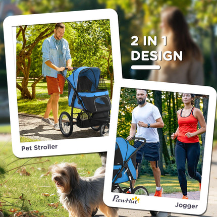 Foldable Pet Stroller Dog Pram with Adjustable Canopy & Wheels for Small to Medium Pets - Blue