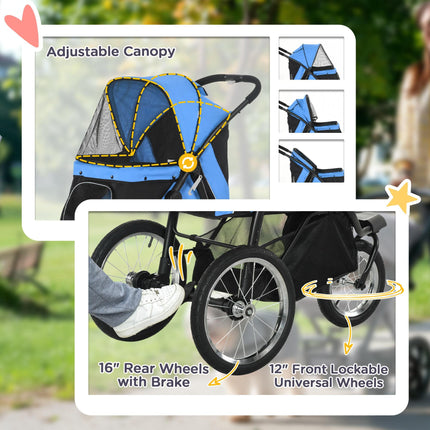 Foldable Pet Stroller Dog Pram with Adjustable Canopy & Wheels for Small to Medium Pets - Blue