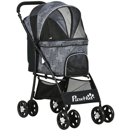 Foldable Pet Stroller for XS & S Dogs and Cats with Brake Canopy & Universal Wheels - Grey