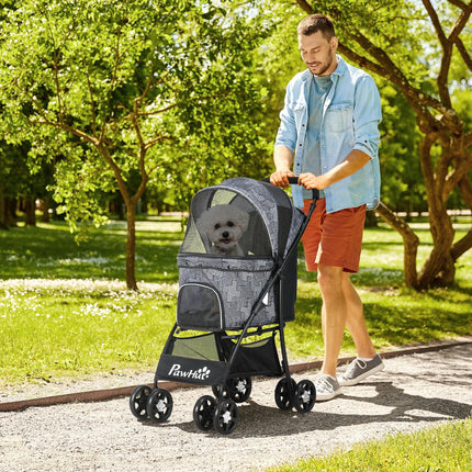 Foldable Pet Stroller for XS & S Dogs and Cats with Brake Canopy & Universal Wheels - Grey