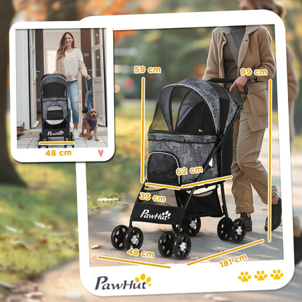 Foldable Pet Stroller for XS & S Dogs and Cats with Brake Canopy & Universal Wheels - Grey