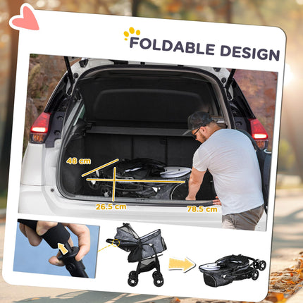 Foldable Pet Stroller for XS & S Dogs and Cats with Brake Canopy & Universal Wheels - Grey