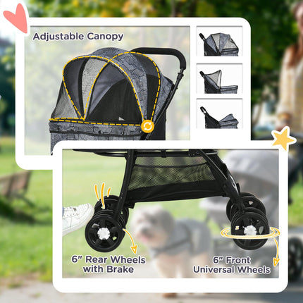 Foldable Pet Stroller for XS & S Dogs and Cats with Brake Canopy & Universal Wheels - Grey