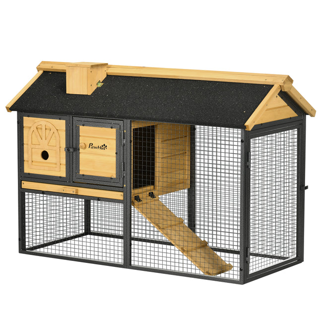 Outdoor Rabbit Hutch with Run, Ramp & Removable Tray 120x55.5x80 cm - Yellow Black
