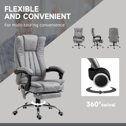 6-Point Vibrating Heat Massage Office Chair with Manual Footrest, Swivel, Wheels, Reclining High Back - Grey
