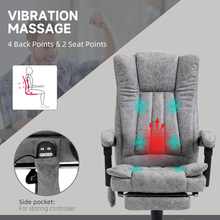 6-Point Vibrating Heat Massage Office Chair with Manual Footrest, Swivel, Wheels, Reclining High Back - Grey