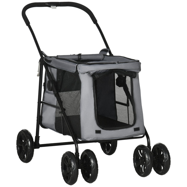 Foldable Pet Stroller with EVA Wheels and Mesh Windows for Small Pets - Grey