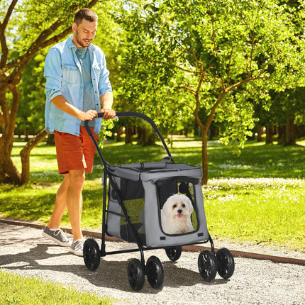 Foldable Pet Stroller with EVA Wheels and Mesh Windows for Small Pets - Grey