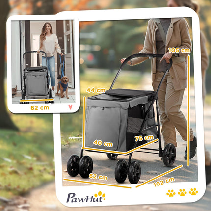 Foldable Pet Stroller with EVA Wheels and Mesh Windows for Small Pets - Grey