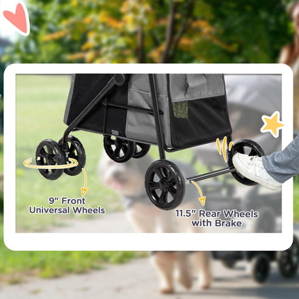 Foldable Pet Stroller with EVA Wheels and Mesh Windows for Small Pets - Grey