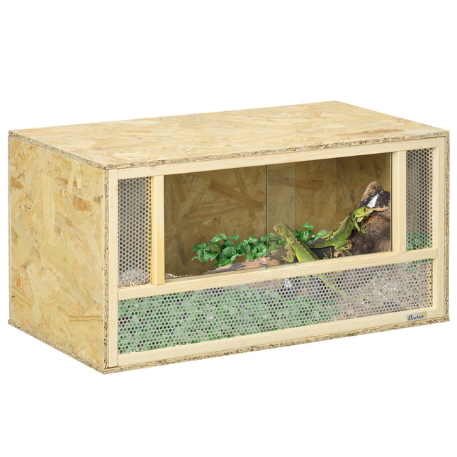 Reptile Terrarium Vivarium with Sliding Doors and Breathable Mesh for Climbing Pets - Natural Wood
