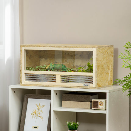 Reptile Terrarium Vivarium with Sliding Doors and Breathable Mesh for Lizards - Natural Wood Finish