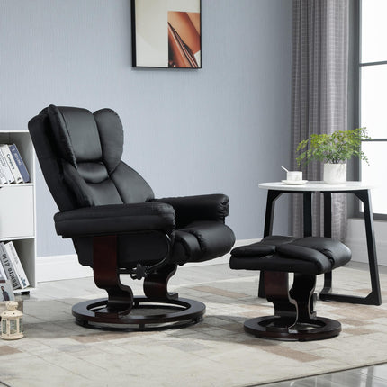 Reclining Swivel Armchair and Footstool Set with Metal Frame and Bentwood Base - Black