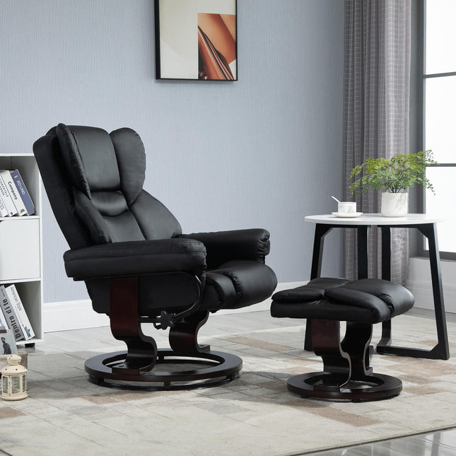 Reclining Swivel Armchair and Footstool Set with Metal Frame and Bentwood Base - Black
