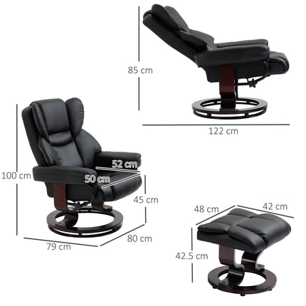 Reclining Swivel Armchair and Footstool Set with Metal Frame and Bentwood Base - Black