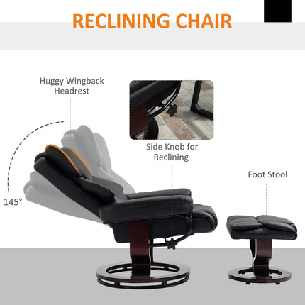 Reclining Swivel Armchair and Footstool Set with Metal Frame and Bentwood Base - Black
