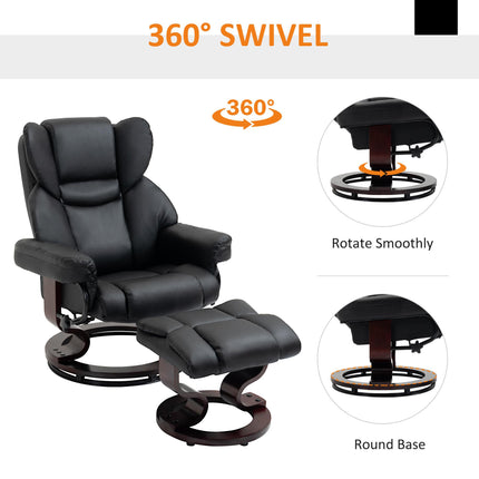 Reclining Swivel Armchair and Footstool Set with Metal Frame and Bentwood Base - Black
