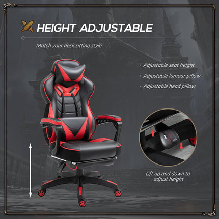 Ergonomic Adjustable Racing Gaming Chair with Recliner, Headrest, Lumbar Support & Retractable Footrest - Red