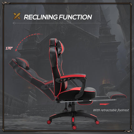 Ergonomic Adjustable Racing Gaming Chair with Recliner, Headrest, Lumbar Support & Retractable Footrest - Red