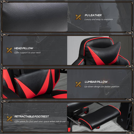 Ergonomic Adjustable Racing Gaming Chair with Recliner, Headrest, Lumbar Support & Retractable Footrest - Red