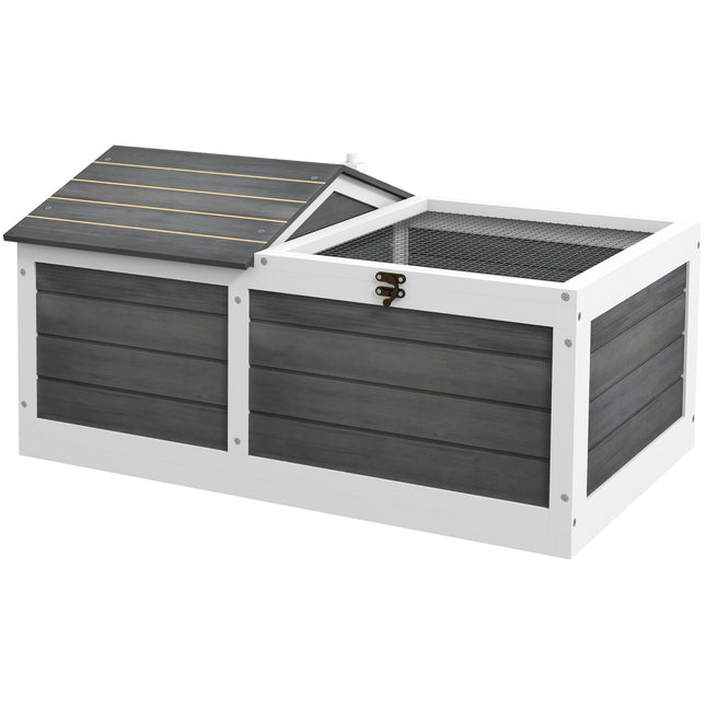 Wooden Small Tortoise House with Hide Shelter, Run & Openable Top Tray - Grey and White