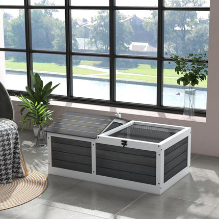 Wooden Small Tortoise House with Hide Shelter, Run & Openable Top Tray - Grey and White