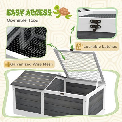 Wooden Small Tortoise House with Hide Shelter, Run & Openable Top Tray - Grey and White