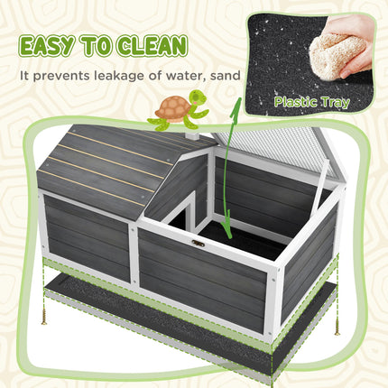 Wooden Small Tortoise House with Hide Shelter, Run & Openable Top Tray - Grey and White