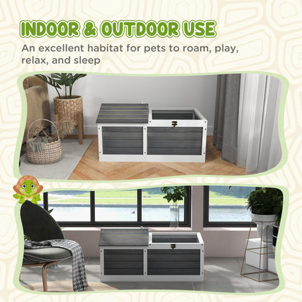 Wooden Small Tortoise House with Hide Shelter, Run & Openable Top Tray - Grey and White