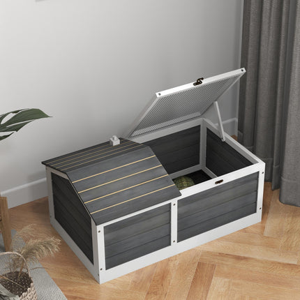 Wooden Small Tortoise House with Hide Shelter, Run & Openable Top Tray - Grey and White