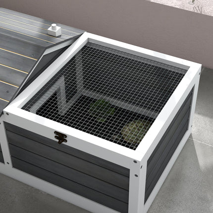 Wooden Small Tortoise House with Hide Shelter, Run & Openable Top Tray - Grey and White