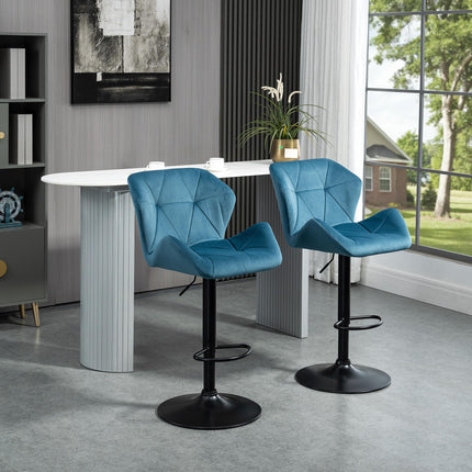 Set of 2 Luxurious Adjustable Height Velvet Bar Stools - Blue
