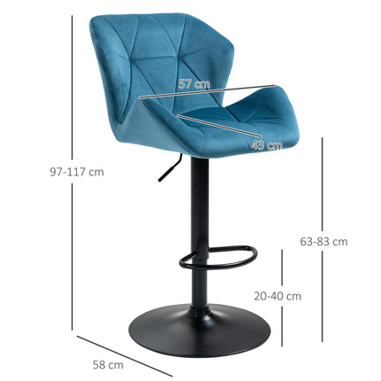 Set of 2 Luxurious Adjustable Height Velvet Bar Stools - Blue