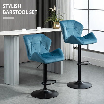 Set of 2 Luxurious Adjustable Height Velvet Bar Stools - Blue