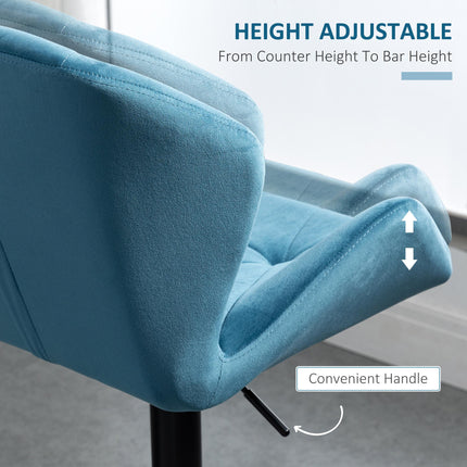 Set of 2 Luxurious Adjustable Height Velvet Bar Stools - Blue