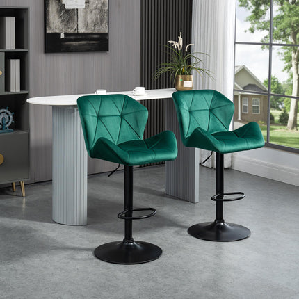 Set of 2 Adjustable Height Velvet Bar Stools with Winged Seat - Green