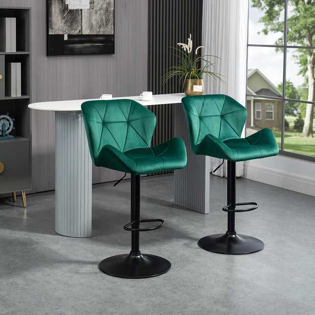 Set of 2 Adjustable Height Velvet Bar Stools with Winged Seat - Green